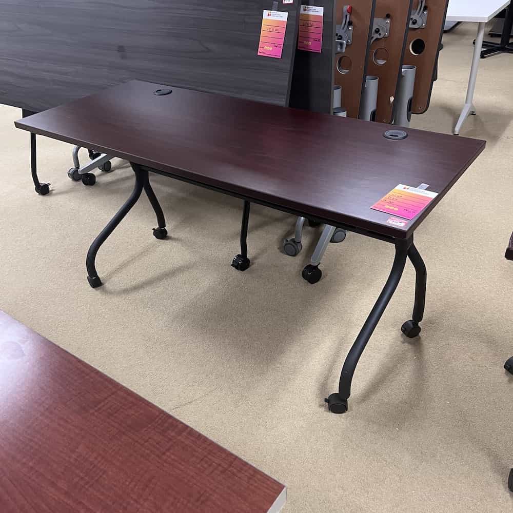 mahogany training table with black legs rolling, flip top