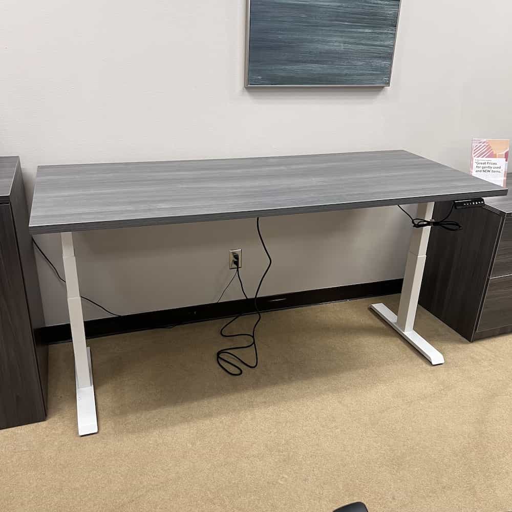 newport grey laminate top, white legs, programmable new height adjustable desk