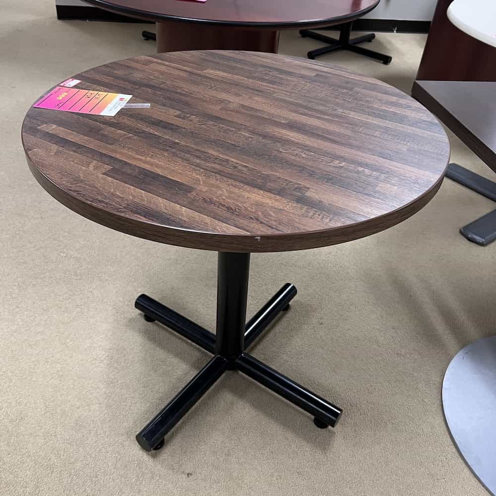 walnut top round break room table with black metal base
