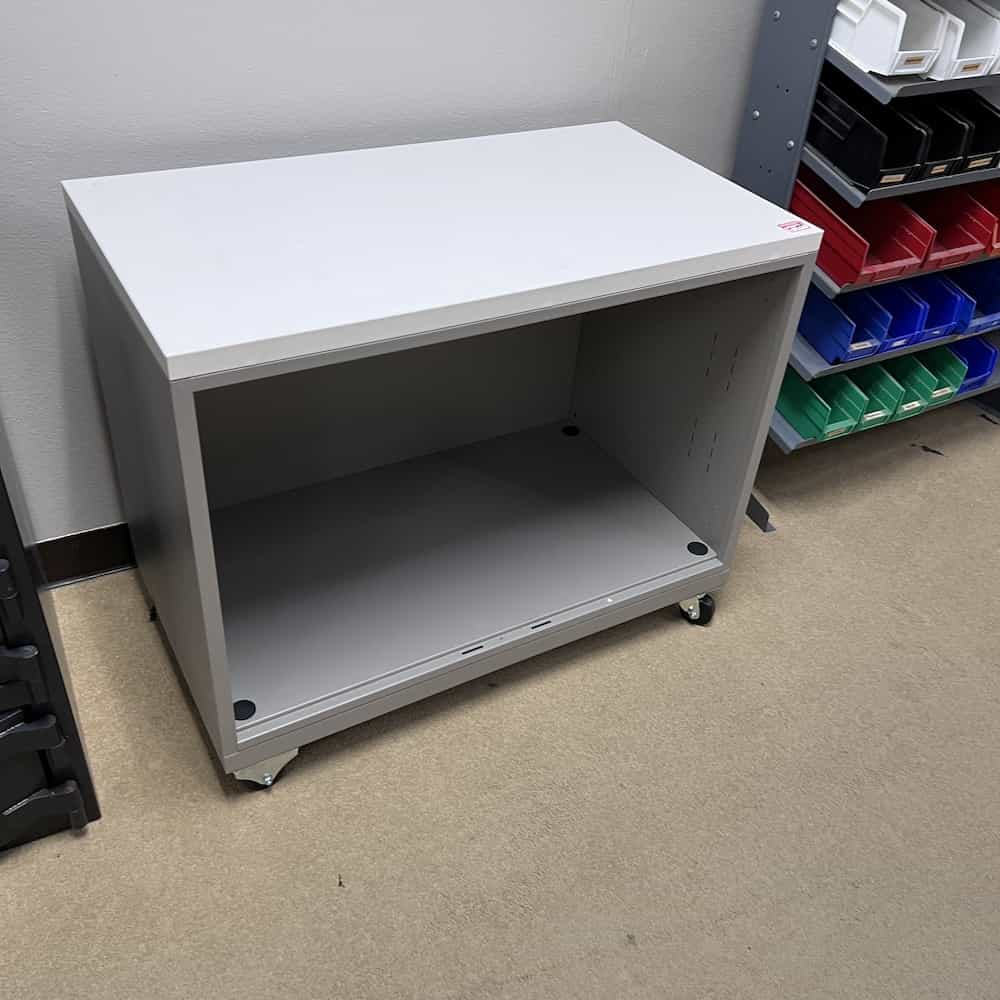 white laminate top with metal base, mobile cart