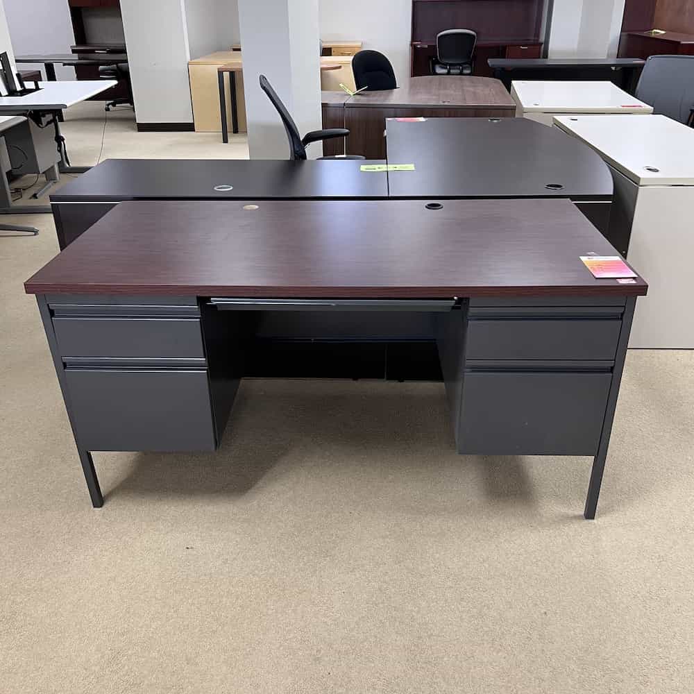 grey metal desk with mahogany laminate top