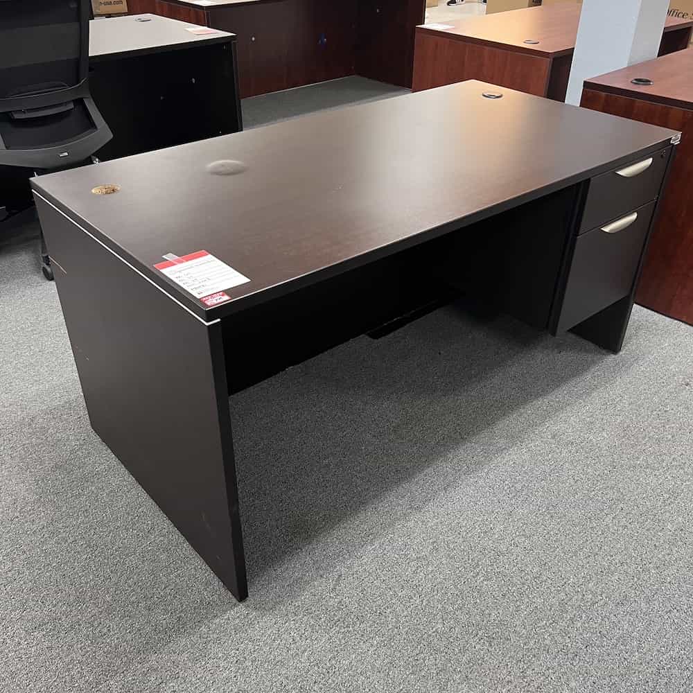 espresso desk 60x30 with one box file on the right, silver handles, performance laminate