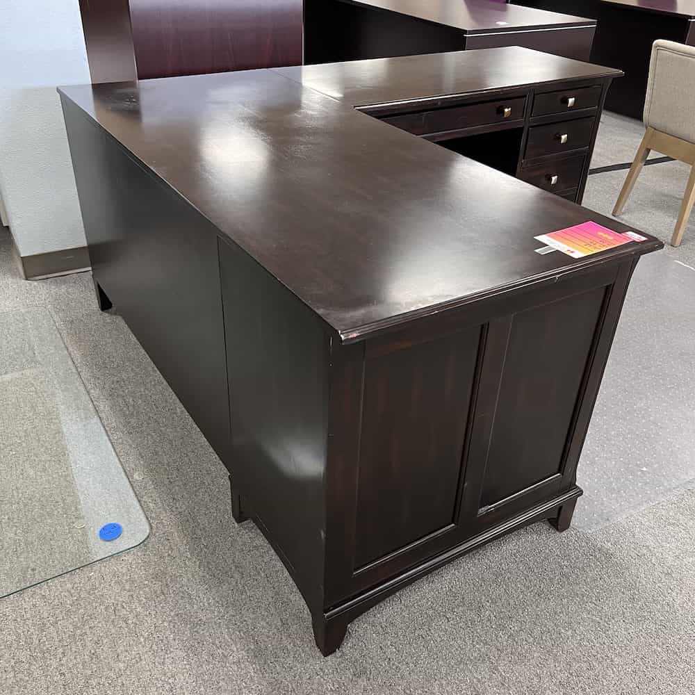 espresso tradtional l-desk executive right return, silver pulls, back view