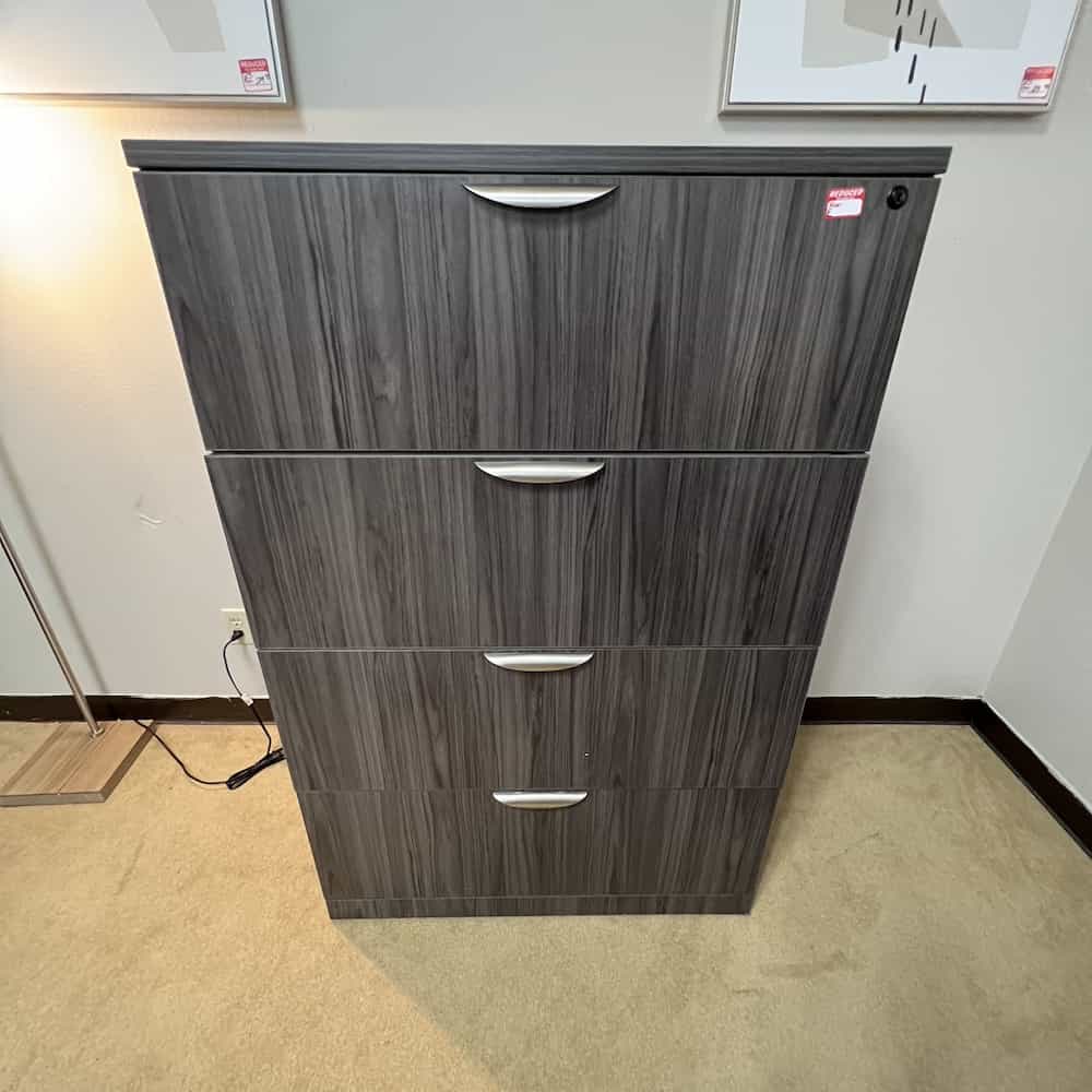 grey 4 drawer lateral file, laminate, with silver pulls