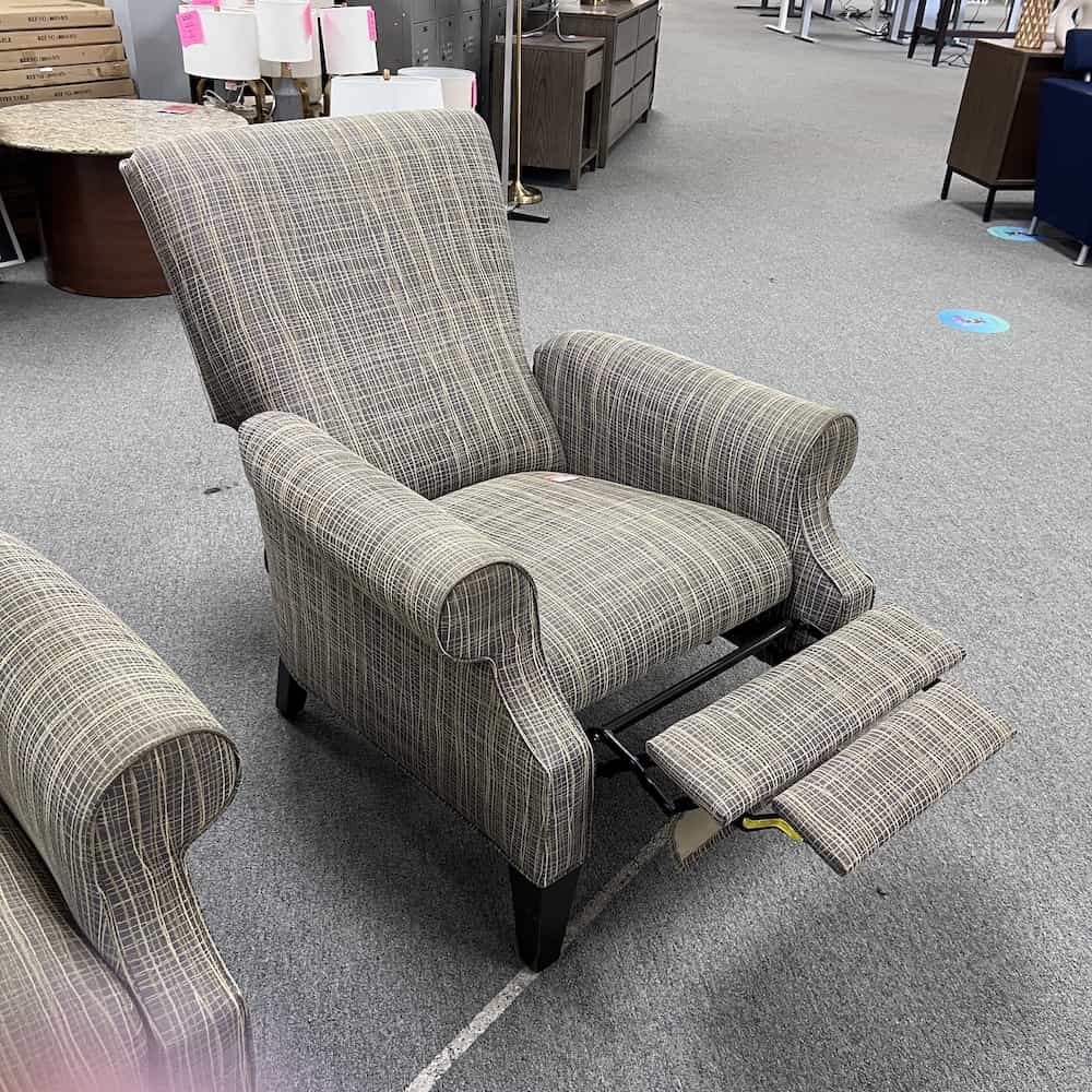 grey and gold reclining arm chair, extended
