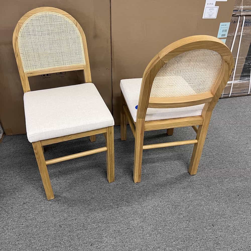 oak and linen rounded back with rattan, cushioned seat, dining chair
