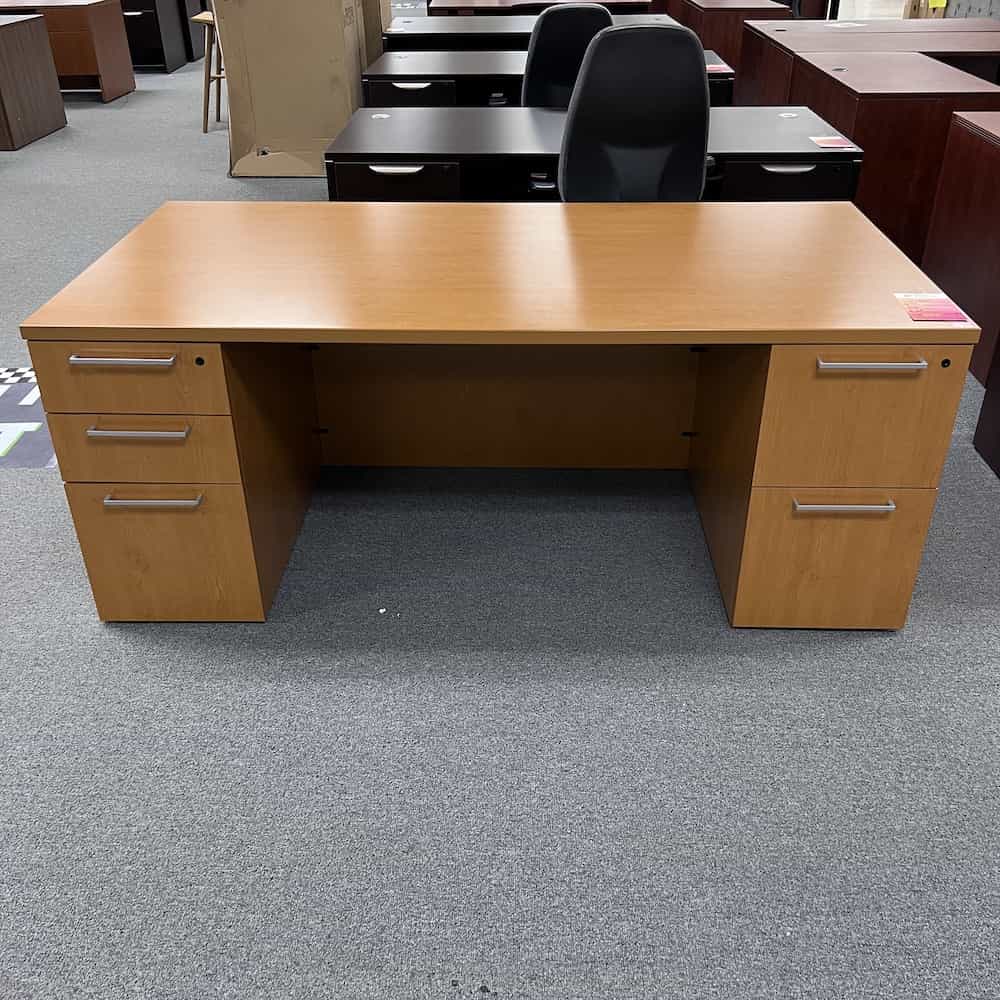 honey desk with silver pulls, box box file on left, file file on right