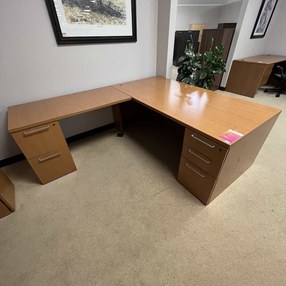 honey laminate desk with silver pulls, left return