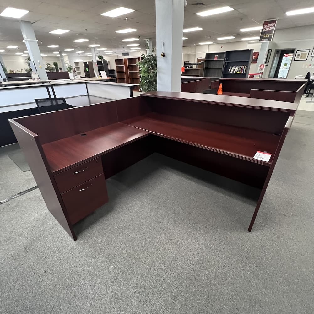 mahogany laminate reception l-desk, left return, 1 hanging box/file, used office furniture