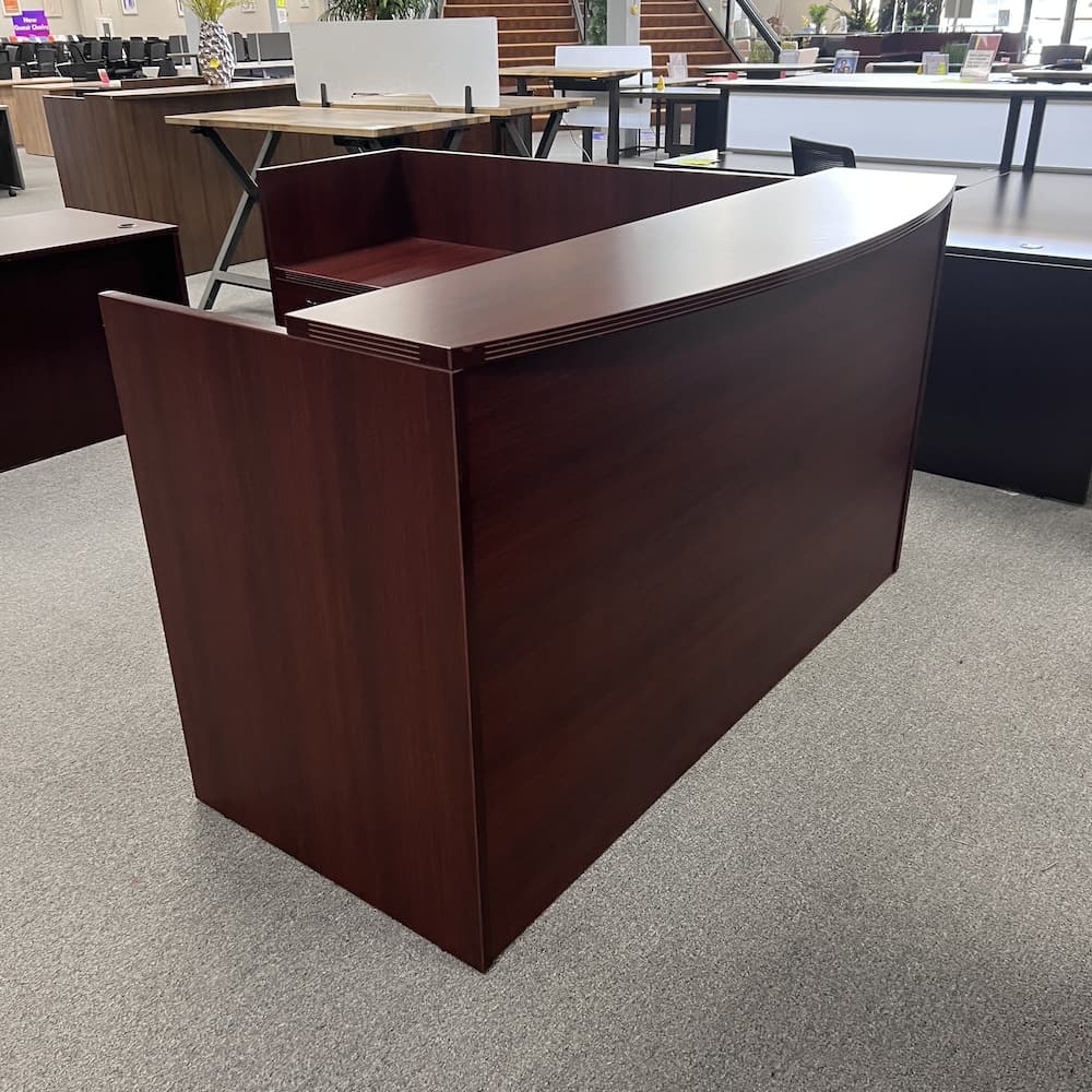 mahogany laminate reception l-desk, left return, 1 hanging box/file, used office furniture