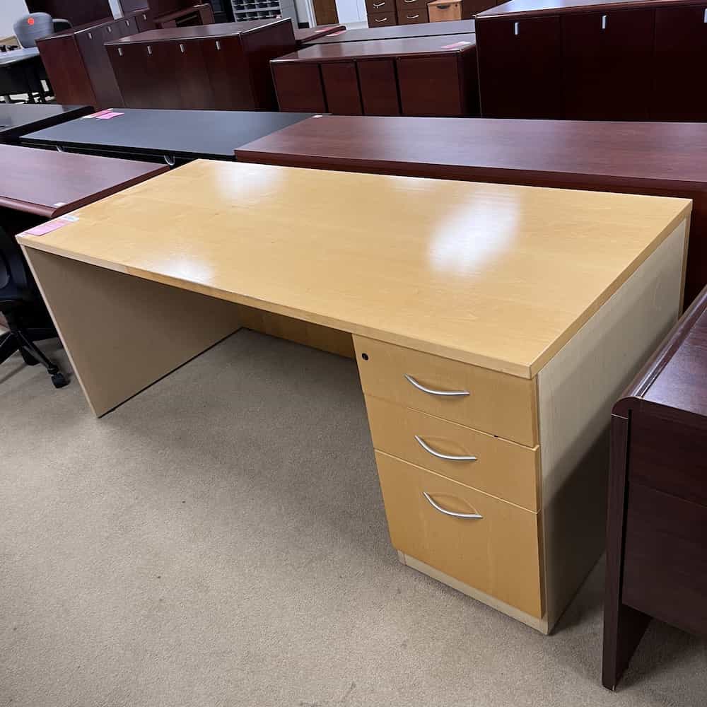 maple veneer desk with box/box/file cabinet on the right side, silver handles