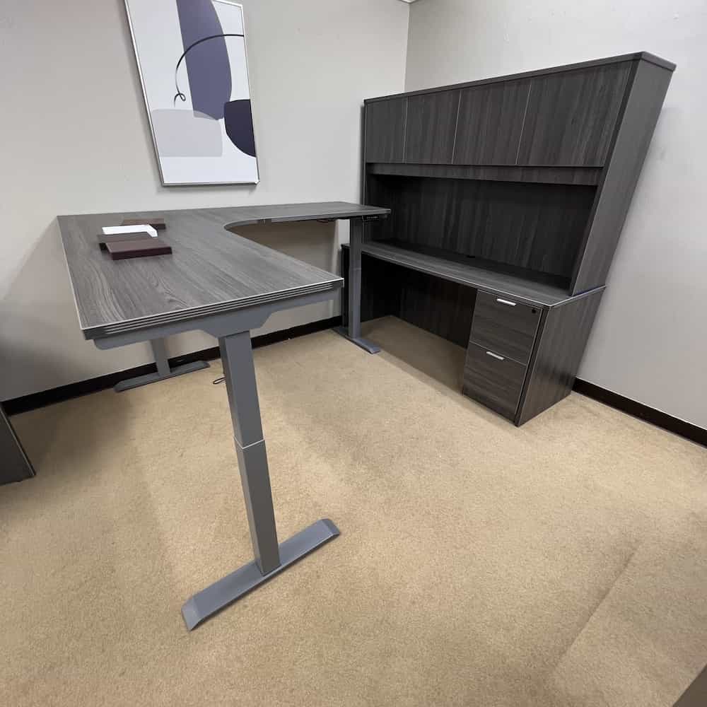 grey height adjustable l-desk, with credenza and hutch set