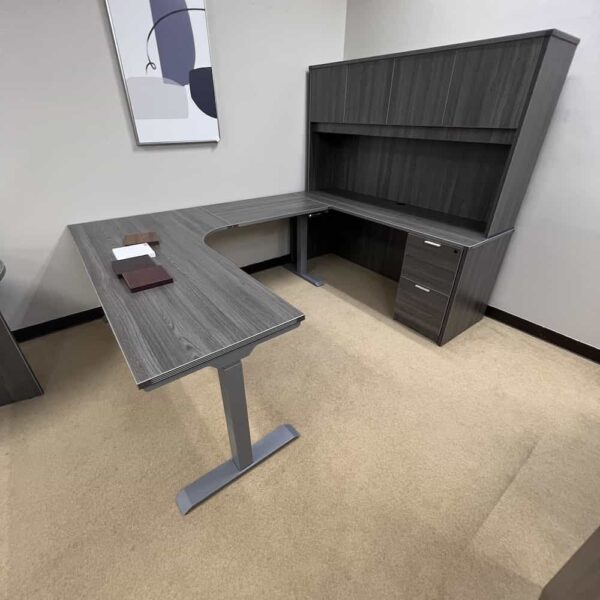 new samoa grey u-desk set: a height adjustable l-desk and and credenza with a hutch