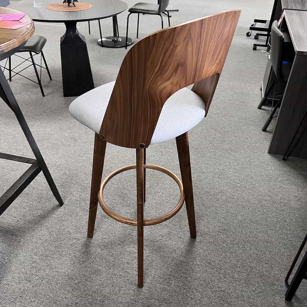 walnut and grey barstool, mid century modern, back
