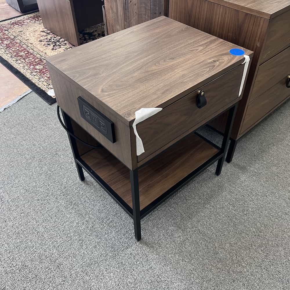 walnut and black night stand with loop pull, left side electric plug