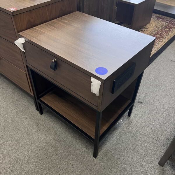 walnut and black night stand with loop pull, right side electric plug