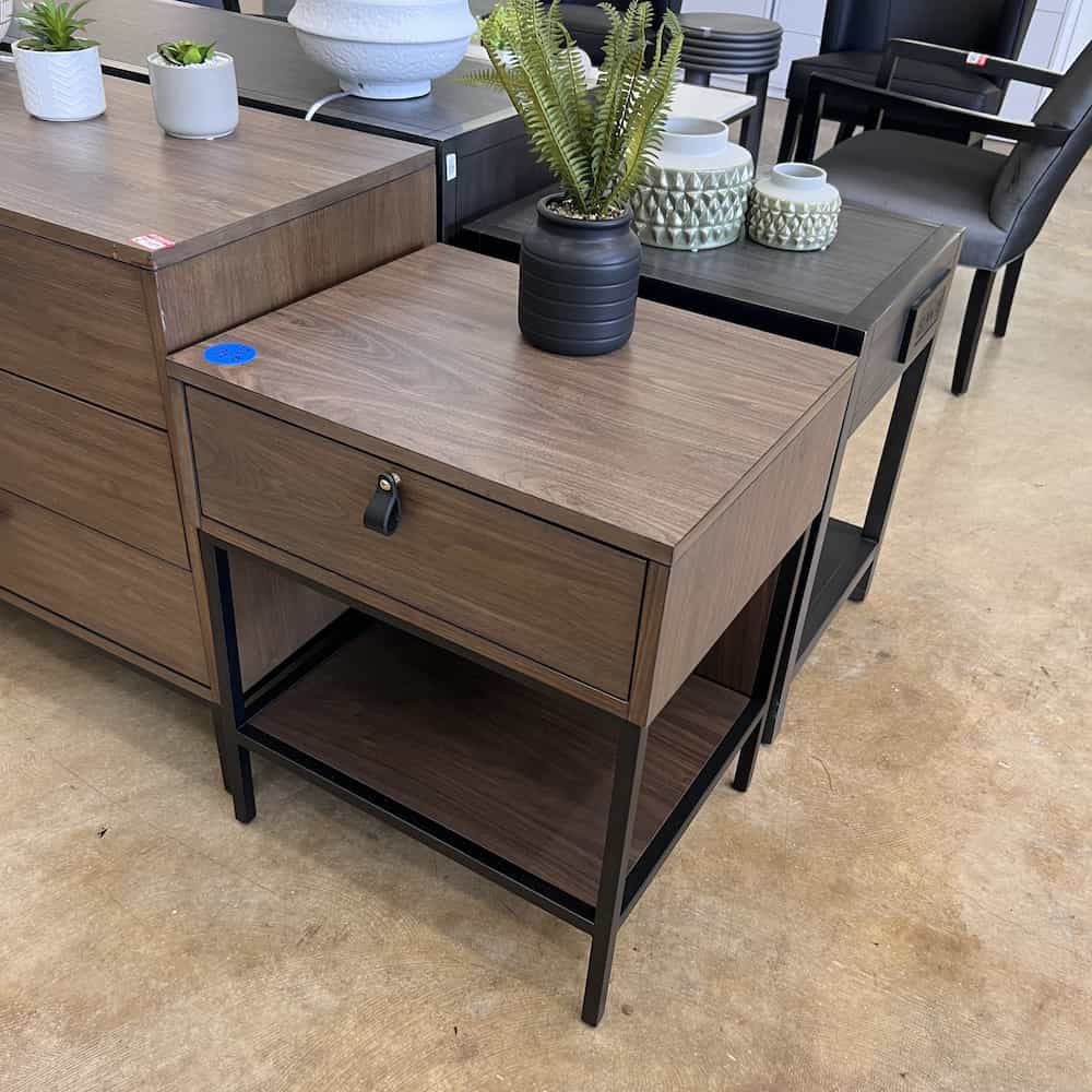 walnut and black night stand with loop pull, left side electric plug