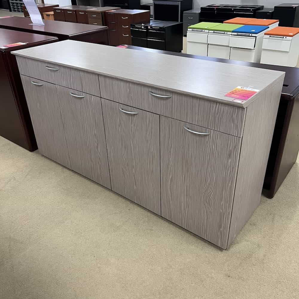 36" H x 71" W OFS Washed Wood Grey and Silver 4 Door Storage