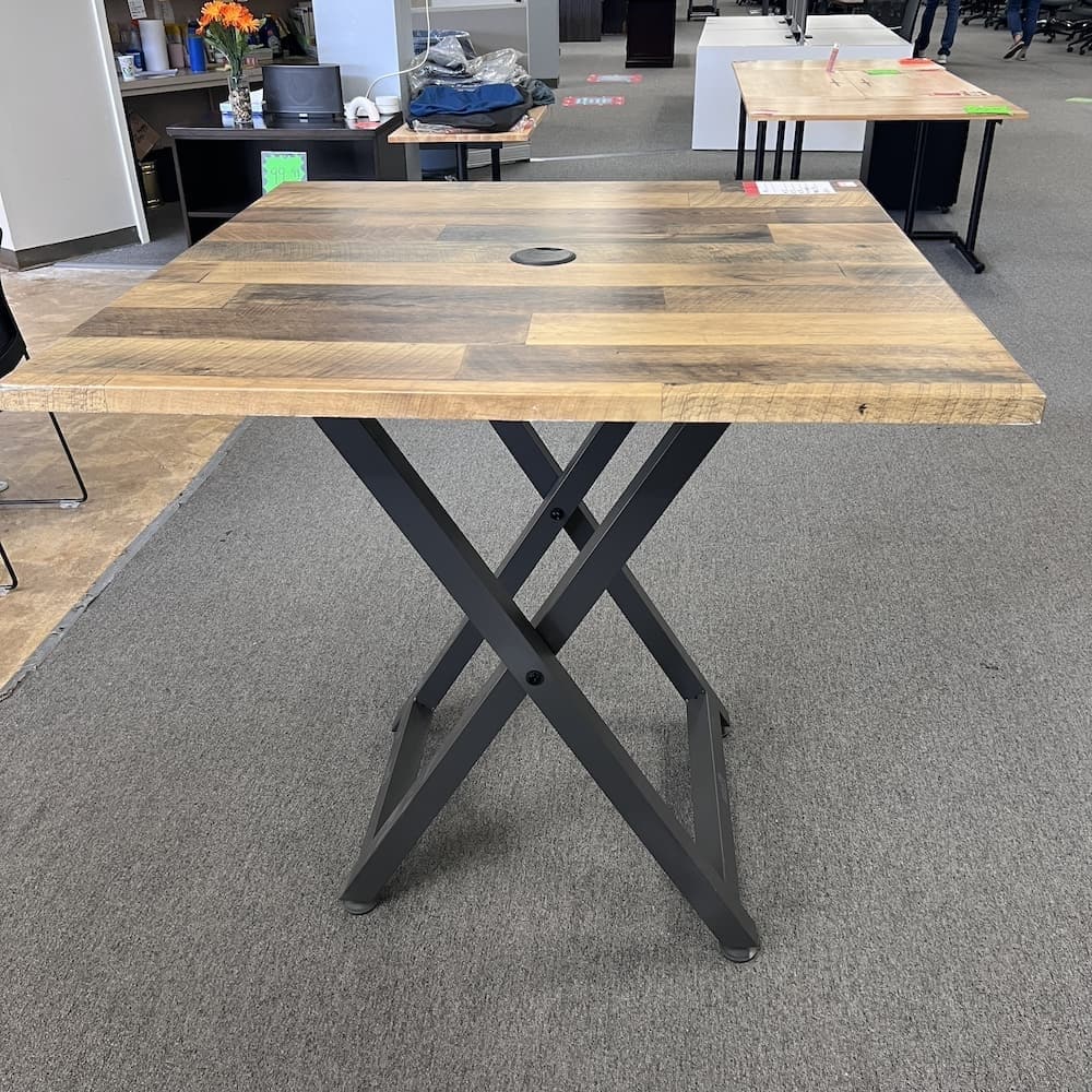 wood grain topped table, vari quickpro60, grey legs, used office furniture, bar height