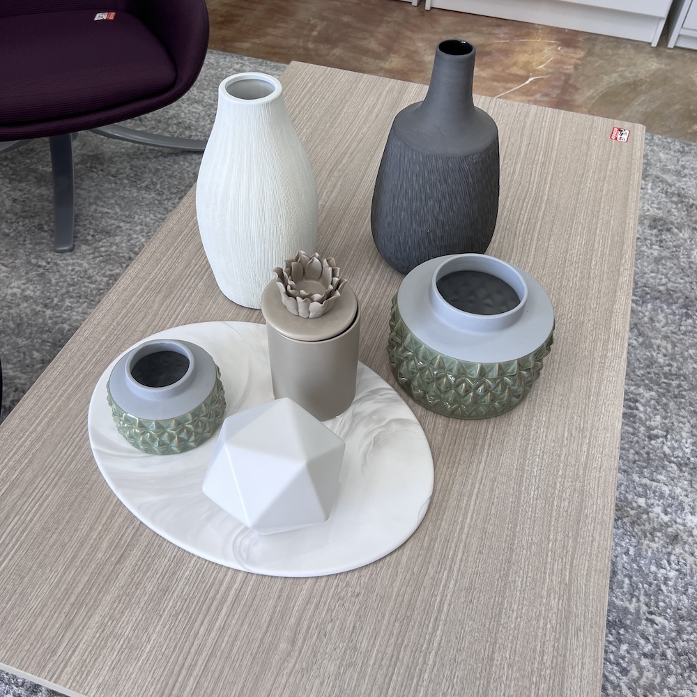 decor set of ceramic pots and shapes, White, taupe, green, dark grey