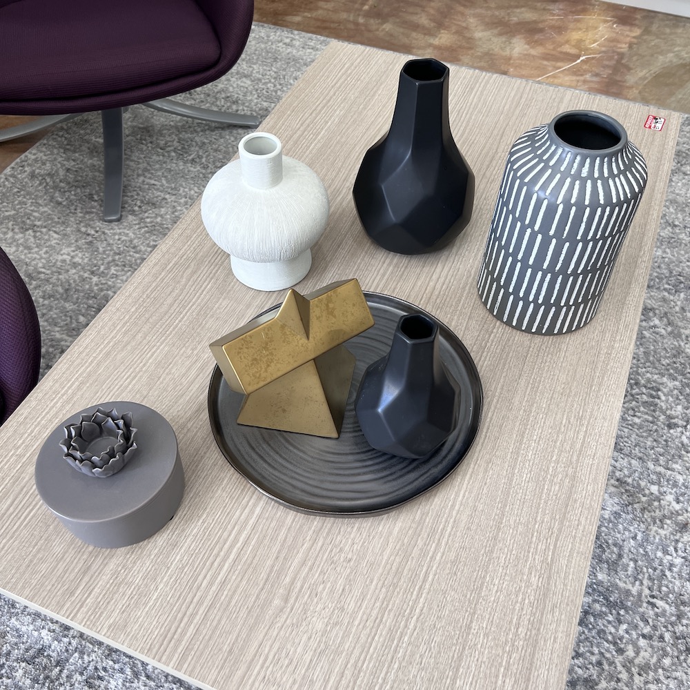 decor set of ceramic pots and shapes, white, black,grey, gold