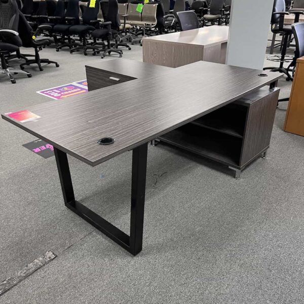 grey table l-desk with attached credenza, left return