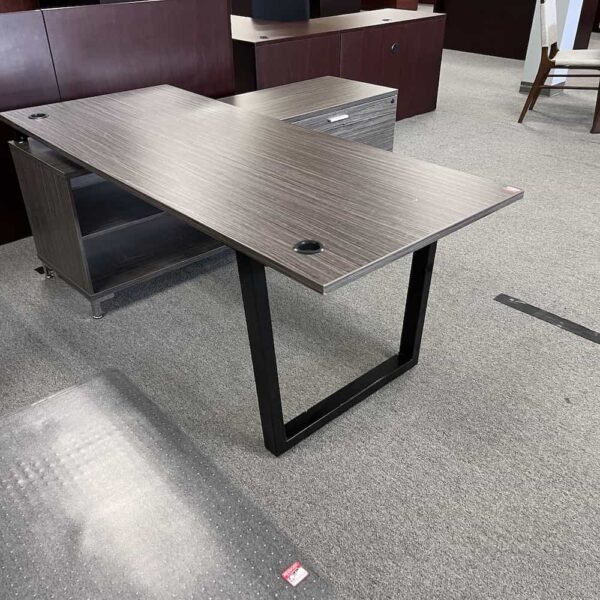 grey table l-desk with attached credenza, right return