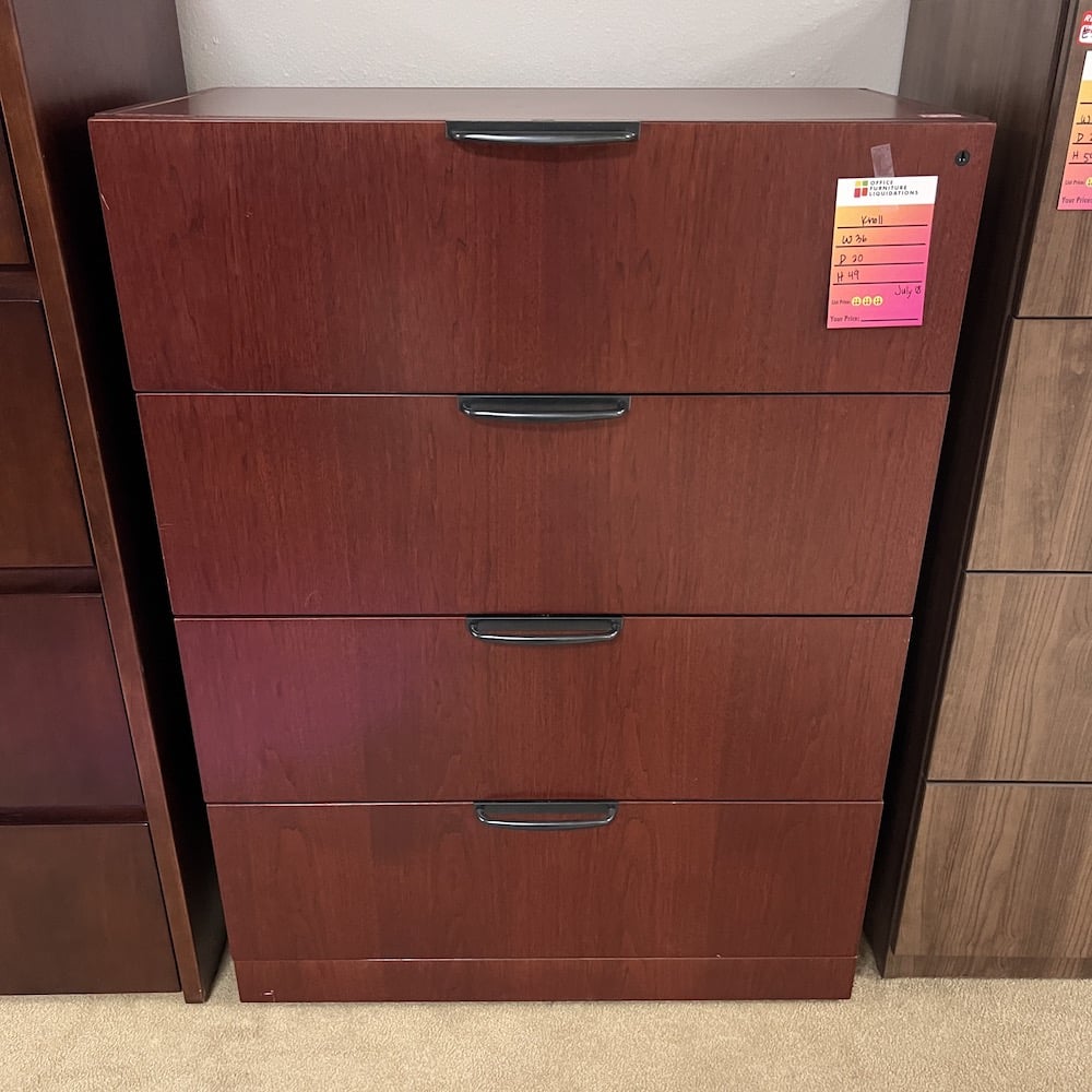 cherry veneer 4 drawer lateral file with black pulls