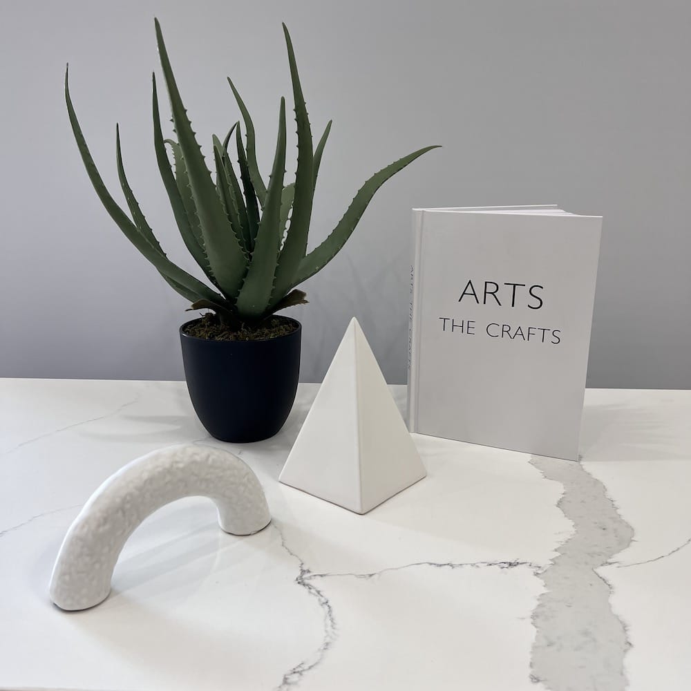 decor set of ceramic shapes in white, white book of arts, faux aloe vera plant