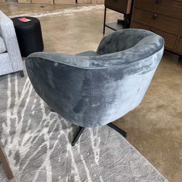 glue grey velvet swivel lounge chair, back view