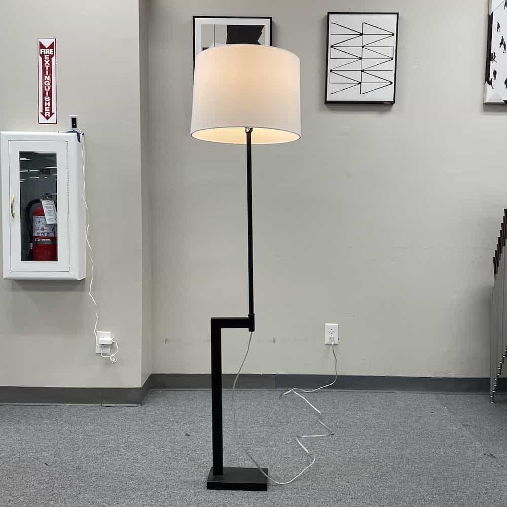 black floor lamp, modern, with white cylinder shade