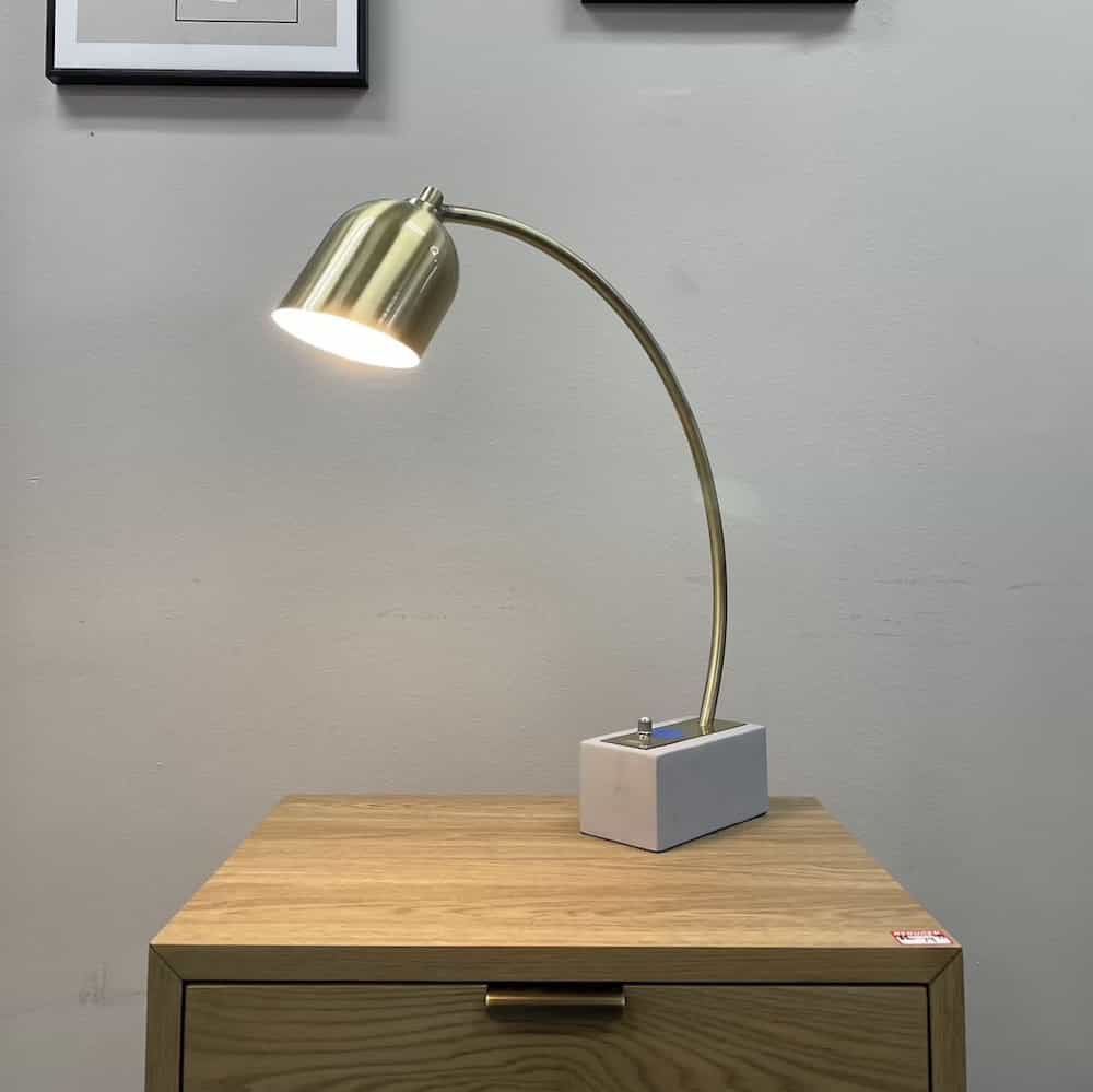 brass arc and cement block desk top lamp
