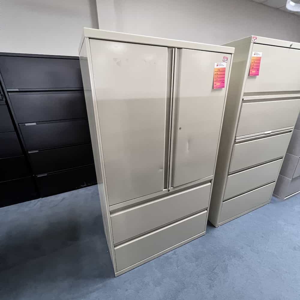 light tan metal 2 door cabinet with 2 drawer lateral