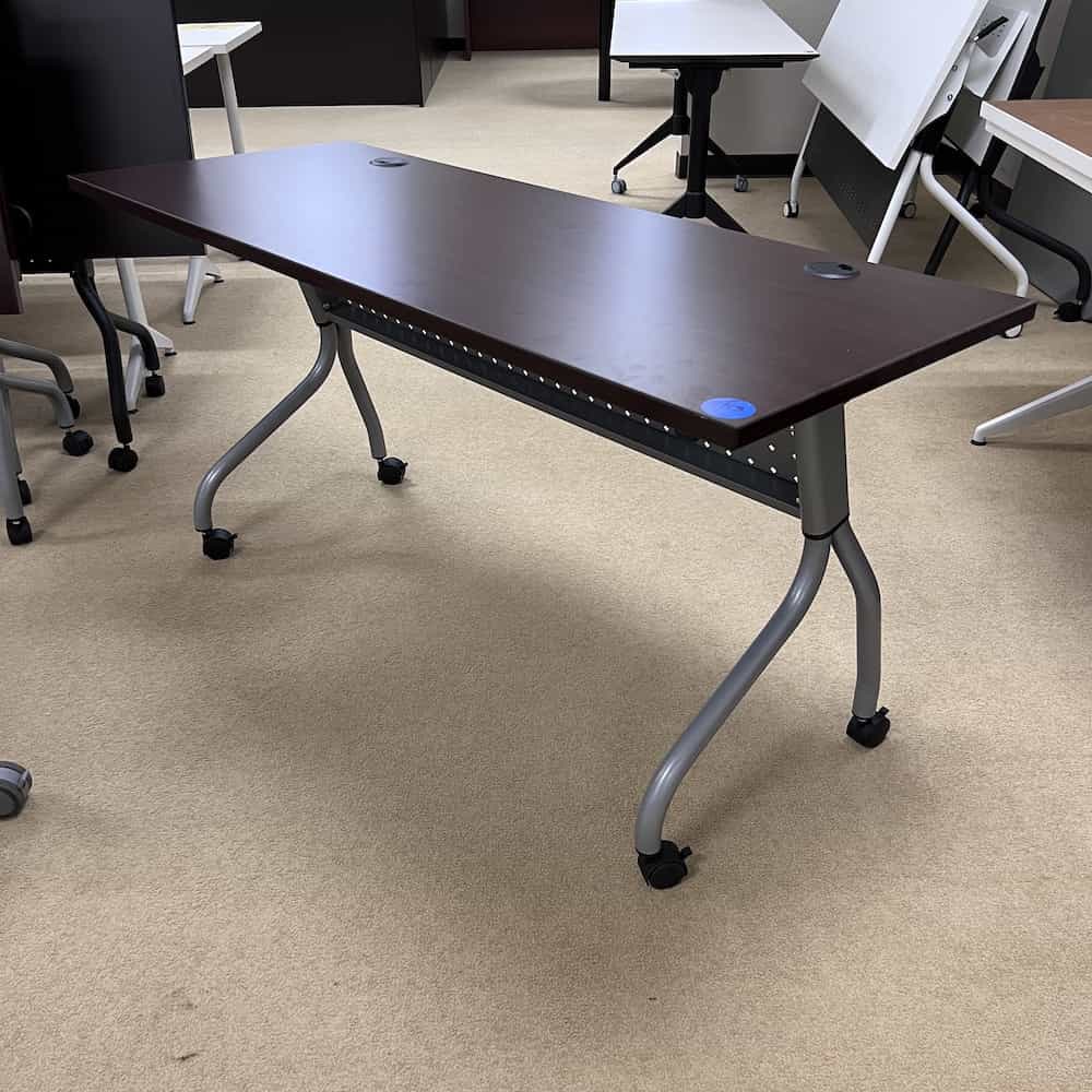 mahogany training table flip top with silver metal base