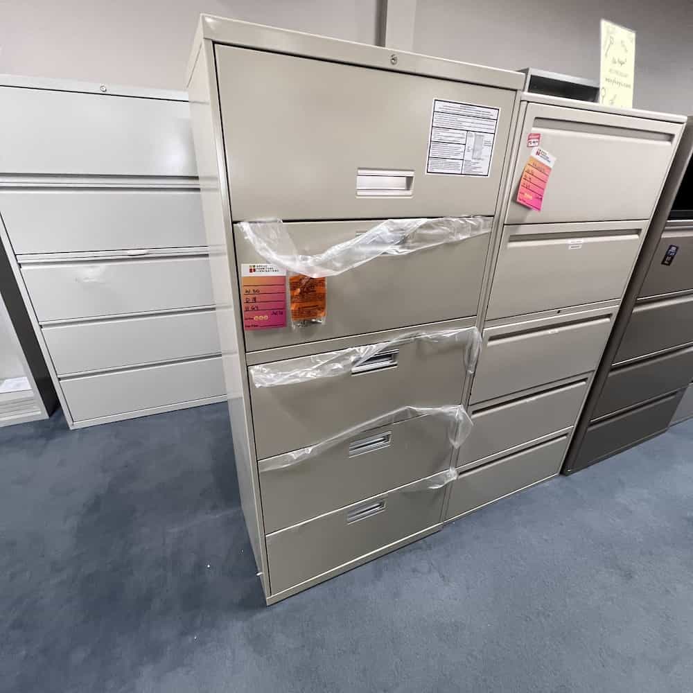 tan metal 5 drawer lateral file with retractable top