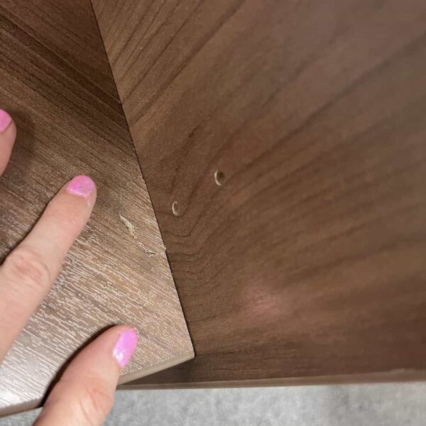 walnut laminate corner bookcase, short, damage detail photo