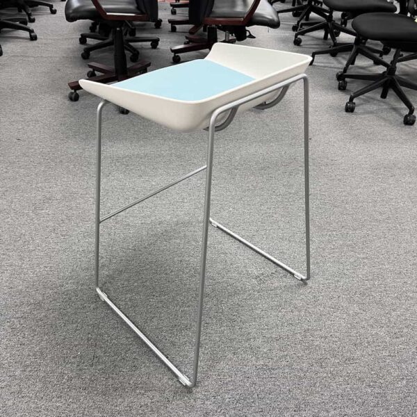white counter height stools with aqua cushion seat, silver metal legs, back view
