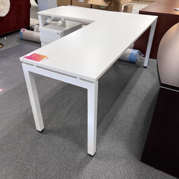white table l-desk with rolling pedestal box file, left return