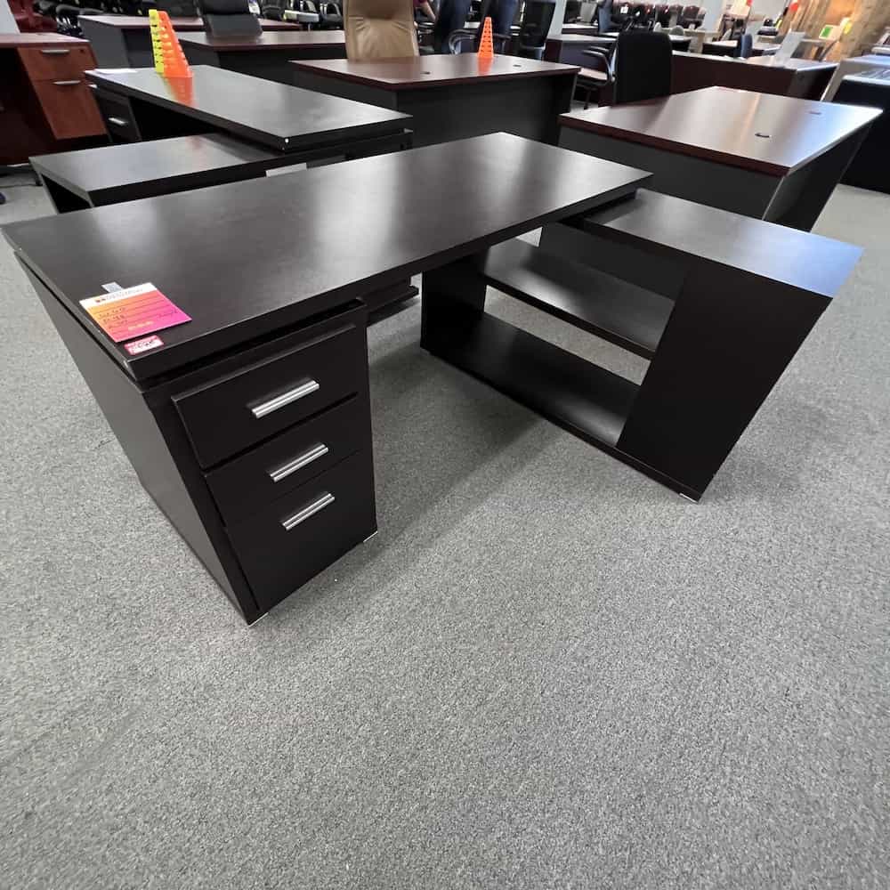 black l-desk right return, with shelves