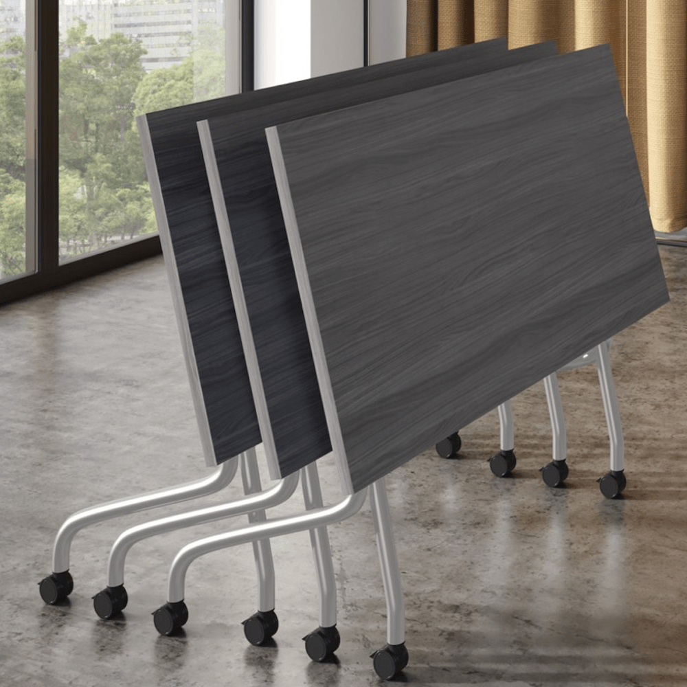 new training table grey laminate top, grey metal base