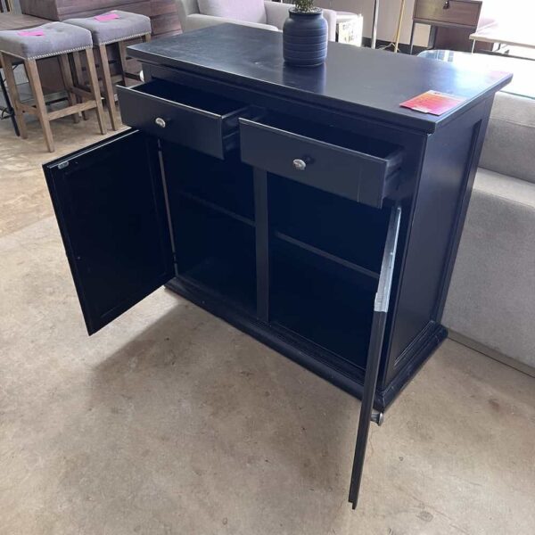 black buffet credenza with two drawers, and two doors, open