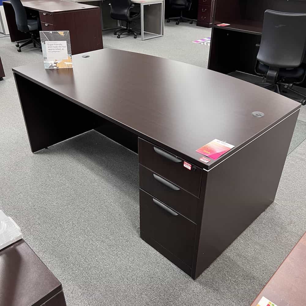 espresso bow front desk with one pedestal and box box file, black pulls, right side