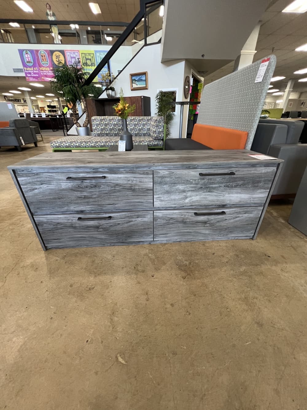 grey 4 drawer dresser, home furniture, black pulls, Ashley furniture