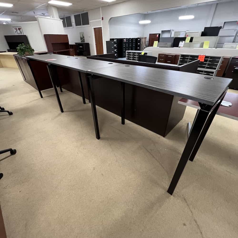 dark grey laminate 3 person workstation standing desk with black metal legs