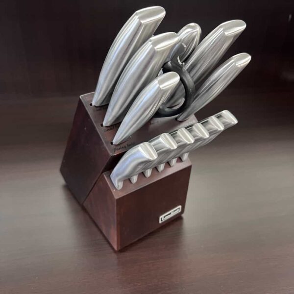 knife block, silver handles, espresso wood base, front