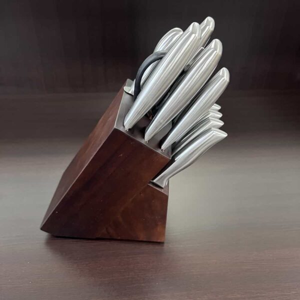 knife block, silver handles, espresso wood base, side view