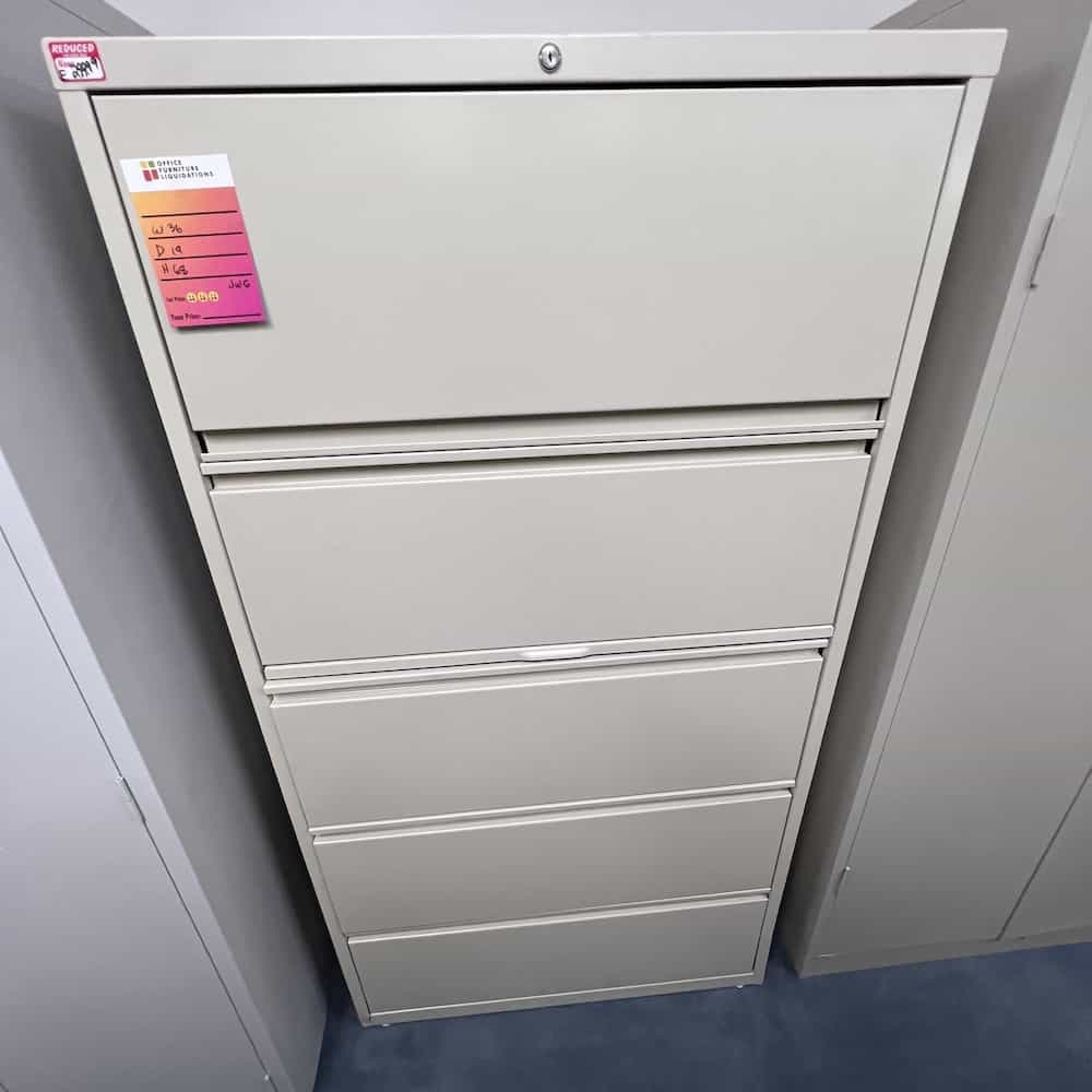 light grey 5 drawer lateral with pull out shelf and retractable top shelf
