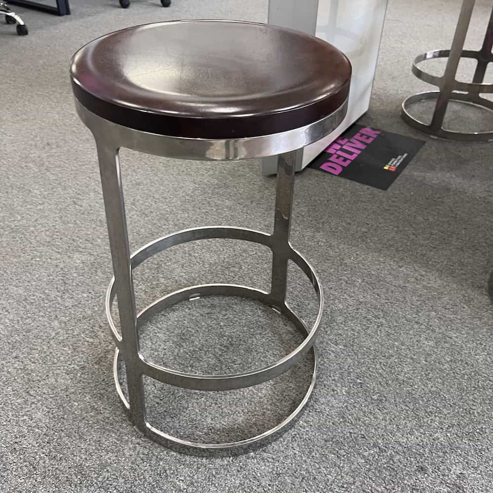 mahogany veneer swivel top stool, chrome metal base with rounded circles