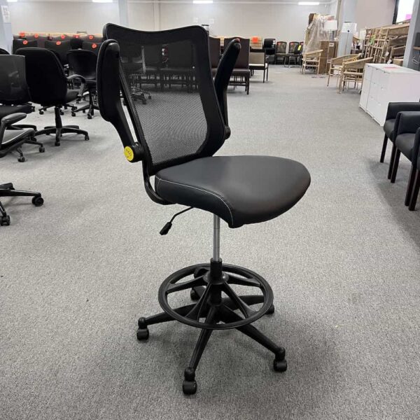 flip arm stool with vinyl seat and mesh back, arms up