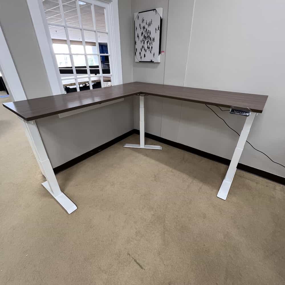 height adjustable, programmable l-desk with walnut top and white legs